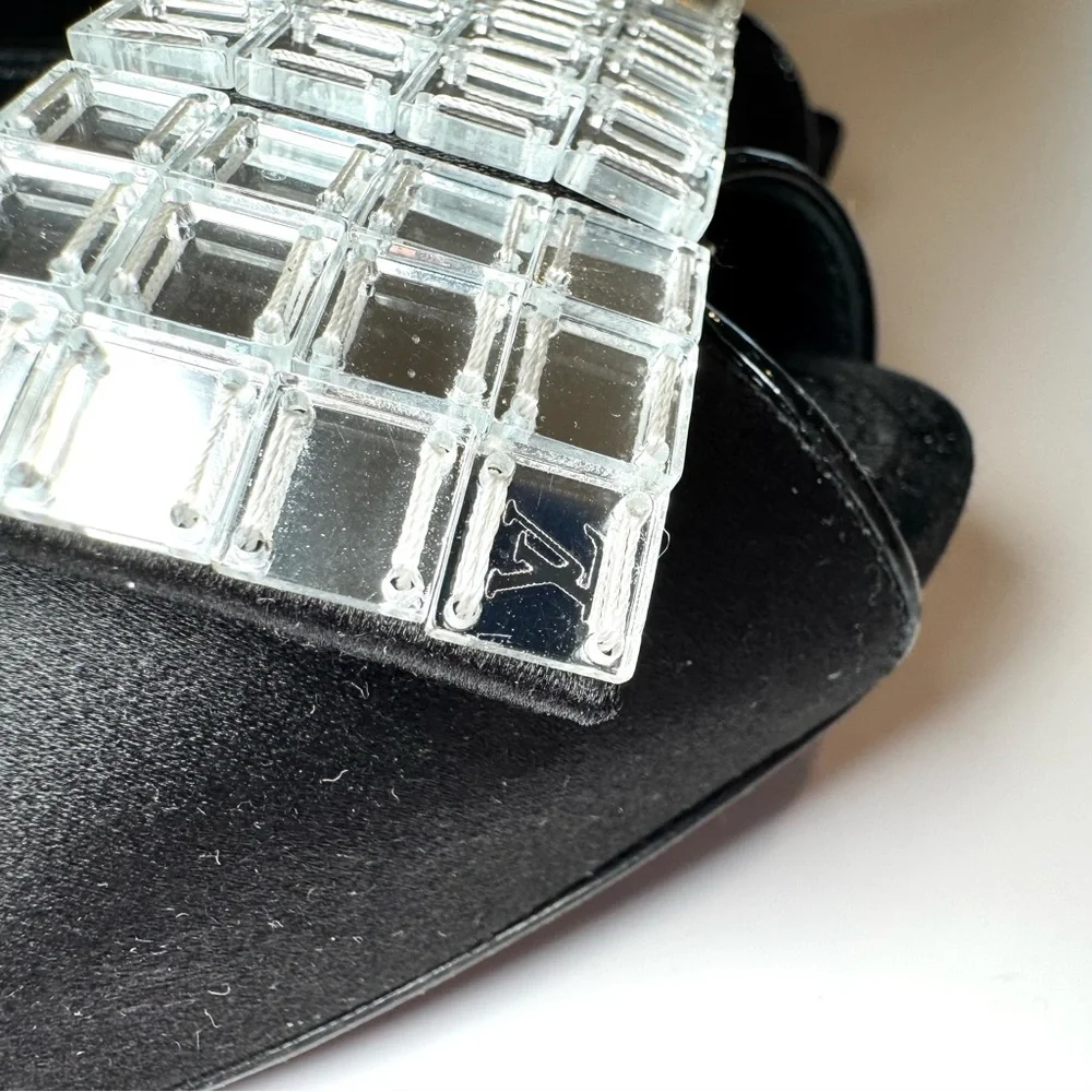 Louis Vuitton Music Hall Black Satin Peep Toe Heel W Mirror Crystal Logo Sz 38.5